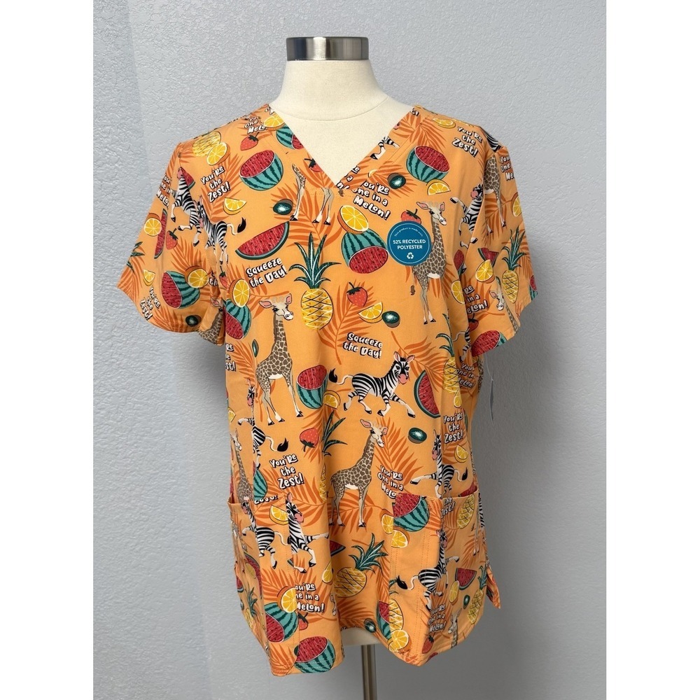 NWT Cherokee L Scrub Top L Orange Squeeze The Day Zebra Giraffe Scrubs Nurse